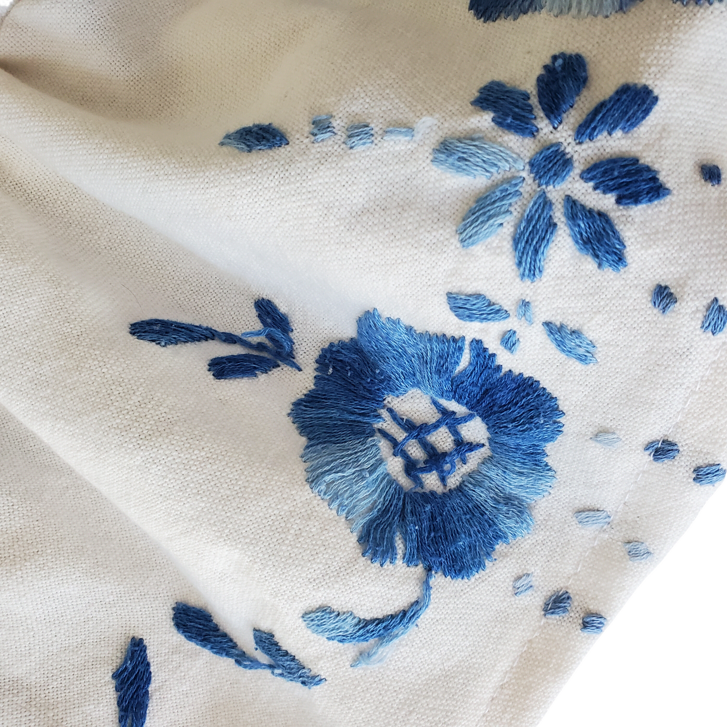 Blue Floral Embroidered Cotton Shirred Top Size S