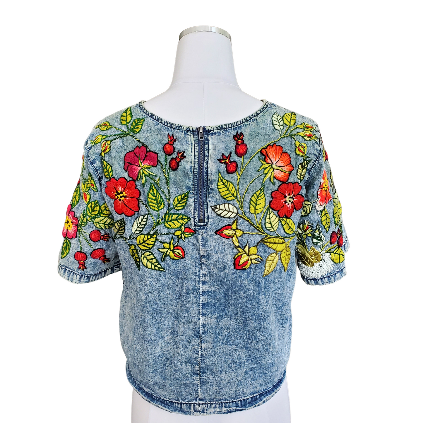 Embroidered Roses Denim Top Size M